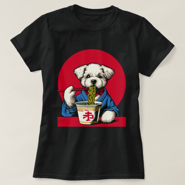 Camiseta Perro comiendo fideos de Ramen adorno arte japonés (Diseño del anverso)