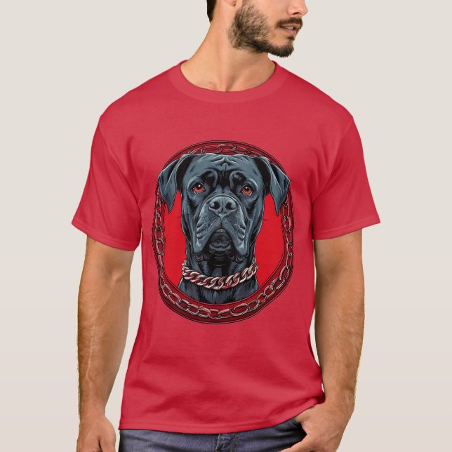 Camiseta Perro con collar de cadena y fondo negrita (Anverso)