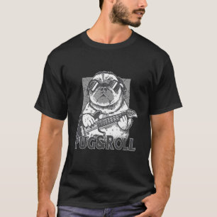 Camiseta perro con una guitarra eléctrica y pug and roll ro