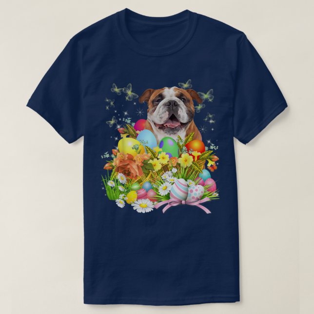 Camiseta Perro conejo Bulldog inglés con cesta de huevos de (Diseño del anverso)