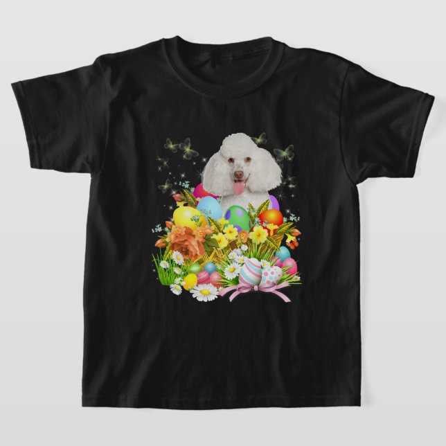 Camiseta Perro conejo de caniche blanco con cesta de huevos (Distribución)