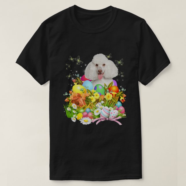 Camiseta Perro conejo de caniche blanco con cesta de huevos (Diseño del anverso)