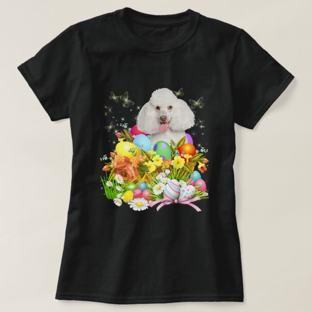 Camiseta Perro conejo de caniche blanco con cesta de huevos (Diseño del anverso)