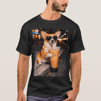 Camiseta Perro Corgi Bebiendo Café Helado Animal Divertido