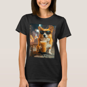 Camiseta Perro corgi bebiendo café helado meme divertido de