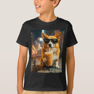 Camiseta Perro corgi bebiendo café helado meme divertido de