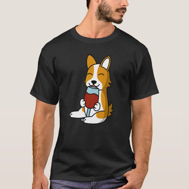 Camiseta Perro Corgi Bebiendo Vino   (Anverso)