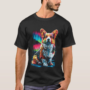 Camiseta Perro Corgi Colorido Aurora Boreal Bosque Invernal