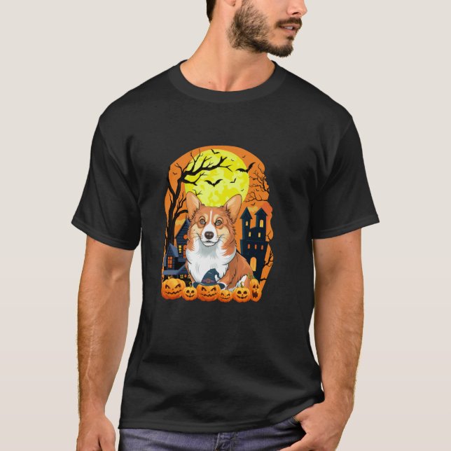 Camiseta Perro Corgi Con Calabazas Gracioso Miedo Parte De  (Anverso)