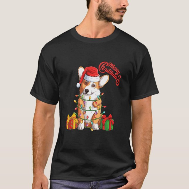 Camiseta Perro Corgi En Santa Sombrero Sentado En La Luz De (Anverso)