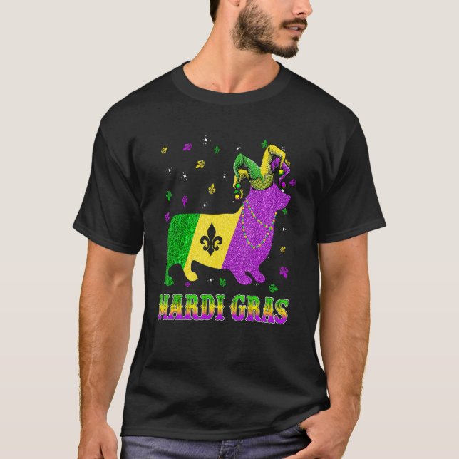 Camiseta Perro Corgi Mardi Gras Carnival Jester Beads (Anverso)