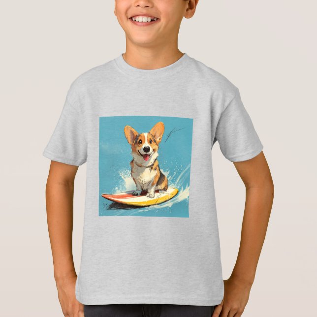 Camiseta Perro Corgi montando una tabla de surf (Anverso)