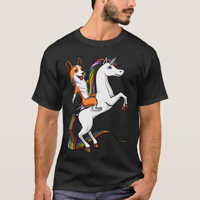 Camiseta Perro Corgi montando Unicornio (Anverso)