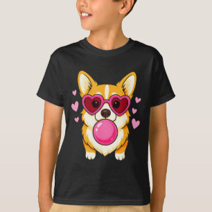 Camiseta Perro Corgi soplando chicle rosa formando corazone