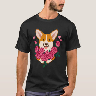 Camiseta Perro Corgi sosteniendo un ramo de rosas mujeres V