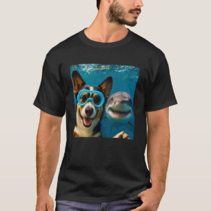 Camiseta Perro Corgi Tricolor Divertido Selfie con Tiburón 