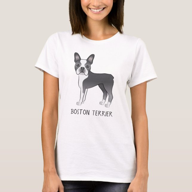 Camiseta Perro Cute Boston Terrier Azul y Blanco Con Texto (Anverso)