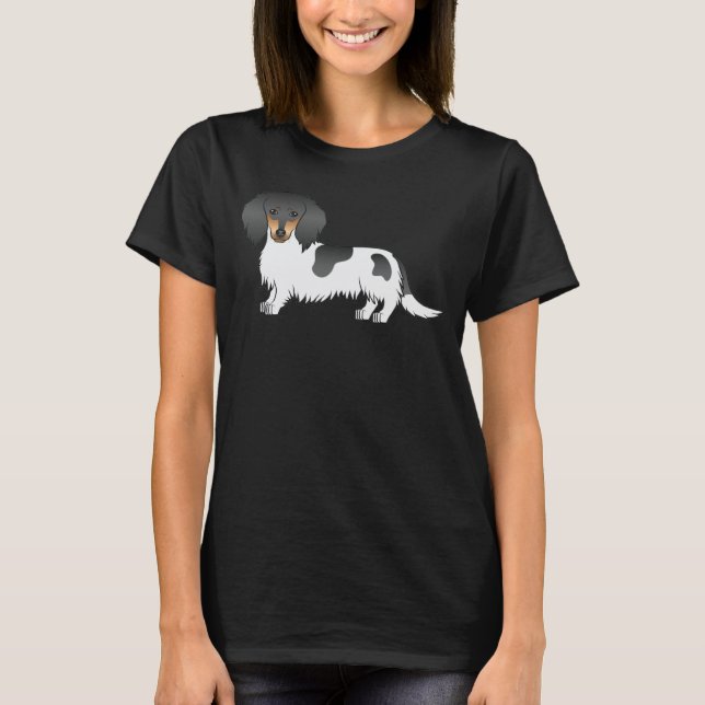Camiseta Perro Dachshund de pelo largo piebald negro y marr (Anverso)