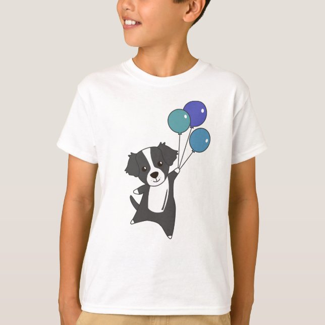 Camiseta Perro de Bordercollie vuela con globos de animales (Anverso)