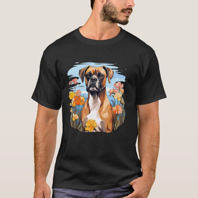 Camiseta Perro de boxeador lindo en jardín de flores botáni (Anverso)