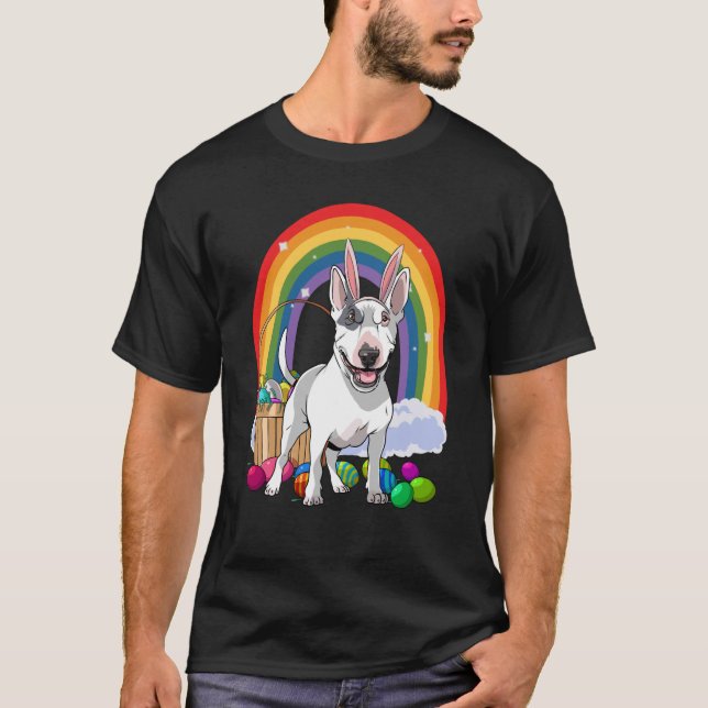 Camiseta Perro de Bull Terrier Feliz Pascua Huevos conejito (Anverso)