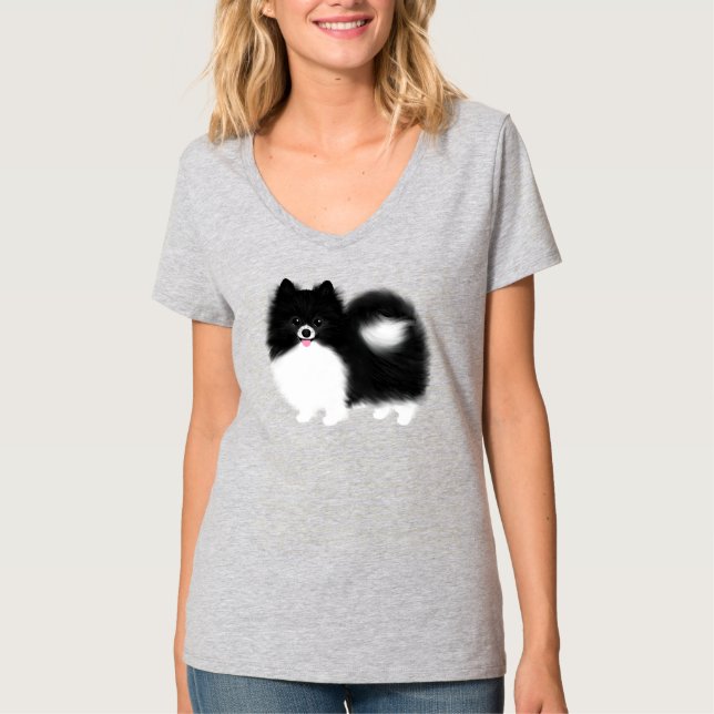 Camiseta Perro de caricatura de Pomerania blanco y negro (Anverso)