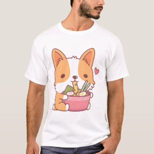 Camiseta Perro de Corgi Cute comiendo Ramen