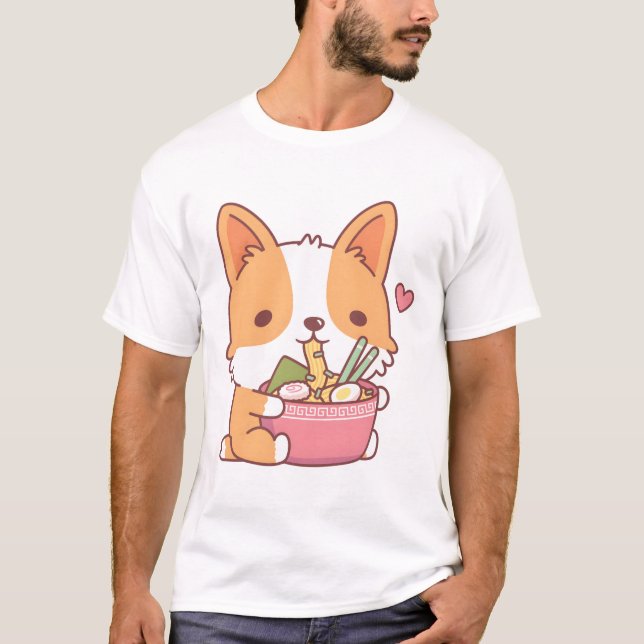 Camiseta Perro de Corgi Cute comiendo Ramen (Anverso)
