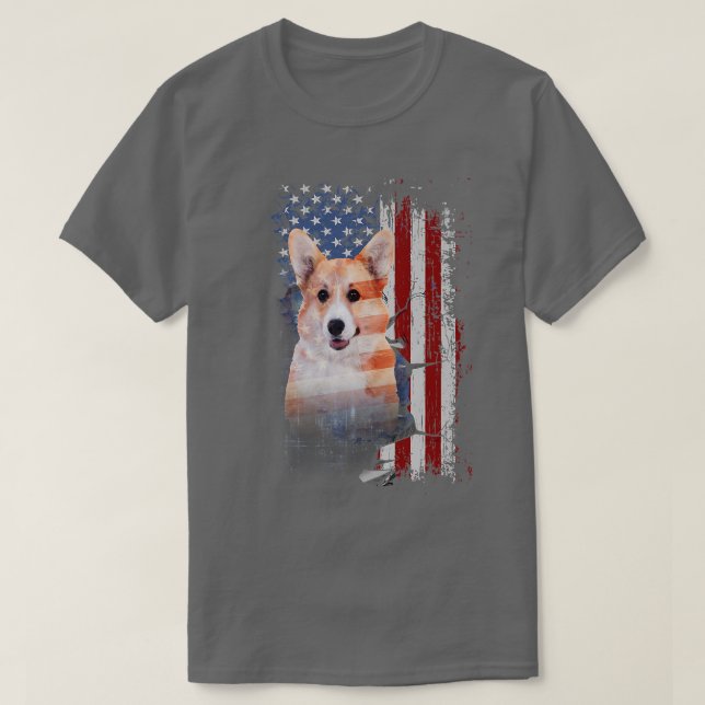 Camiseta Perro de Corgi galés pembrooke con bandera estadou (Diseño del anverso)