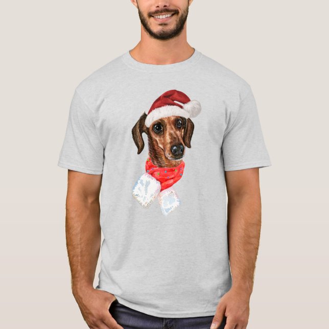Camiseta Perro de Dachshund con Navidades de Santa Hat (Anverso)