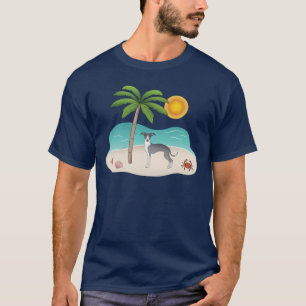 Camiseta Perro De Higgys Azul Y Blanco En Una Playa Tropica
