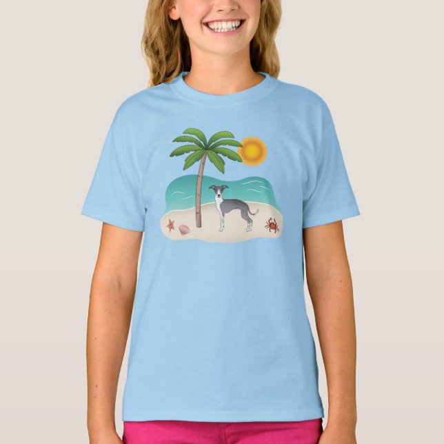 Camiseta Perro De Higgys Azul Y Blanco En Una Playa Tropica (Anverso)