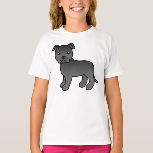 Camiseta Perro de la caricatura de Black Staffordshire Bull (Anverso)