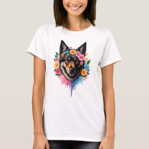 Camiseta Perro de oveja alemán con flores de colores