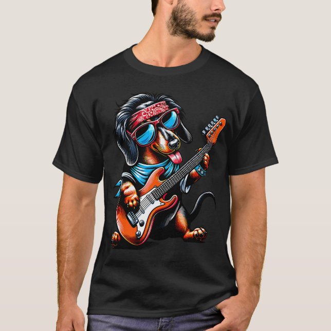 Camiseta Perro de roca tocando la guitarra, divertido dachs (Anverso)