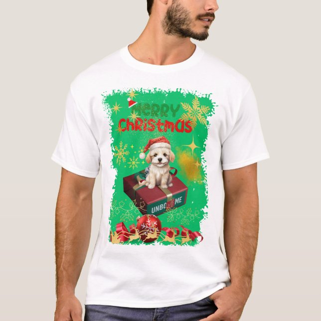 Camiseta Perro de Santa Claus sentado para ver el regalo (Anverso)