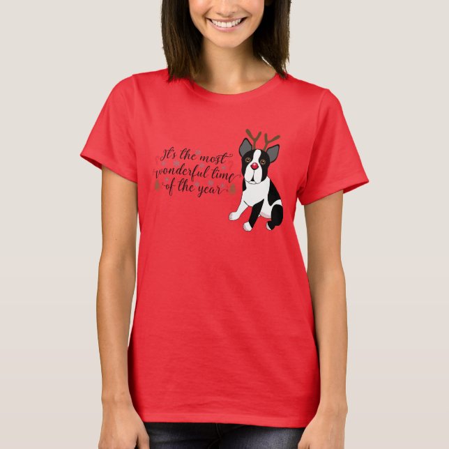 Camiseta Perro del reno de Boston Terrier del navidad (Anverso)