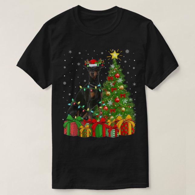 Camiseta Perro Doberman Iluminando el árbol de Navidad Sant (Diseño del anverso)