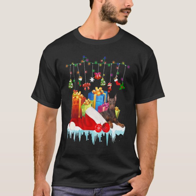 Camiseta Perro Doberman Lindo Ropa de Navidad Santa Perro F (Anverso)