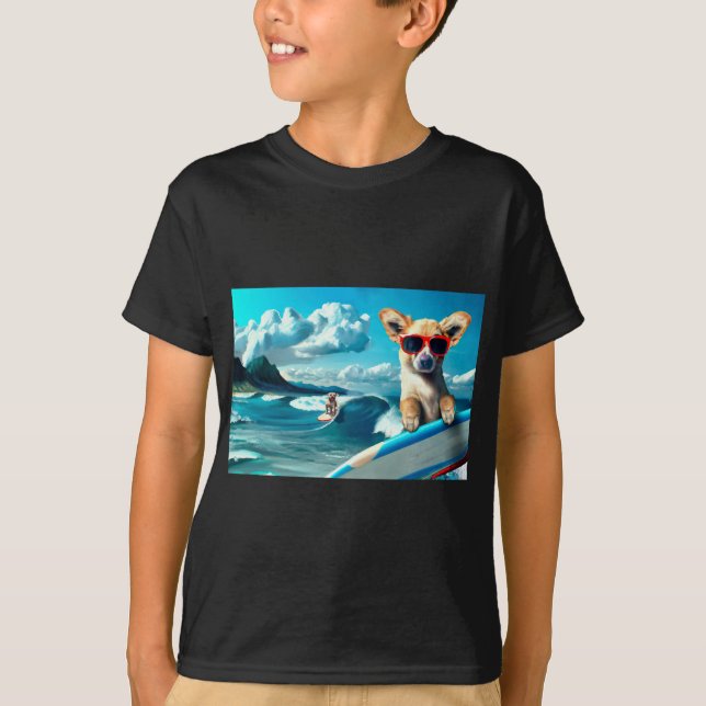 Camiseta Perro en Surfboard usando gafas de sol arte de IA (Anverso)