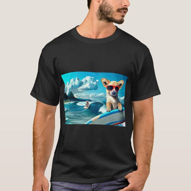 Camiseta Perro en Surfboard usando gafas de sol arte de IA (Anverso)