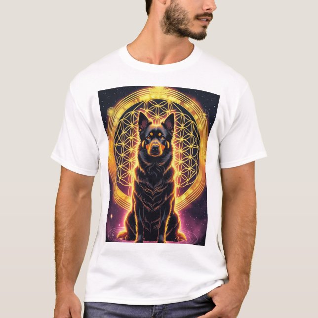 Camiseta Perro espiritual con Mandala dorada y flor de vida (Anverso)
