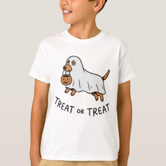 Camiseta Perro Fantasma Cubeta de Calabaza Trato o Trato