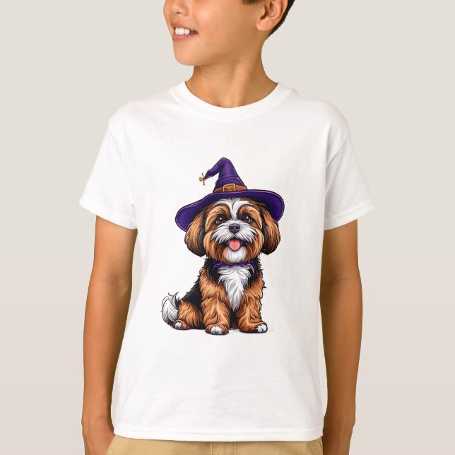 Camiseta Perro Feliz con un Sombrero de Bruja (Anverso)