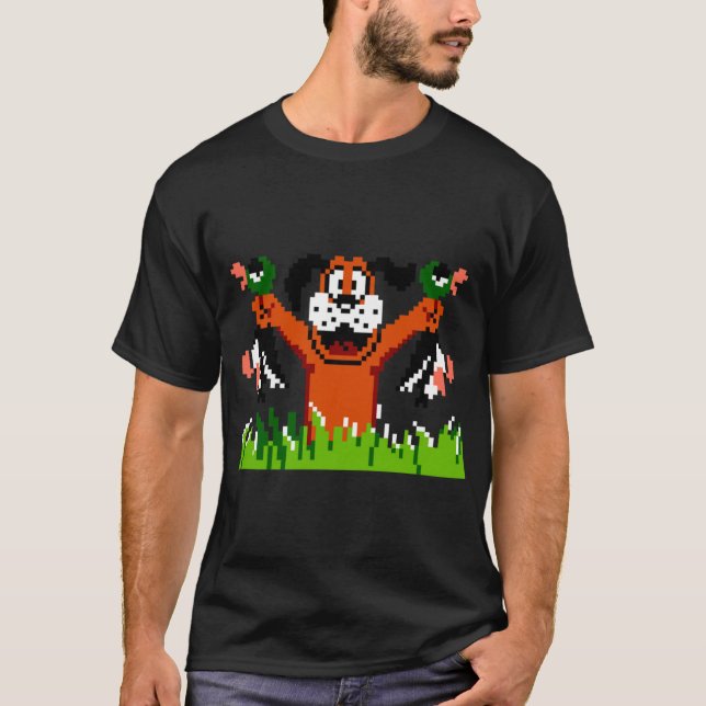 Camiseta Perro Feliz Sosteniendo Doble Presa de Pato de Duc (Anverso)