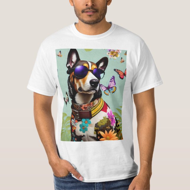 Camiseta Perro genial con gafas de sol con flores y maripos (Anverso)