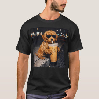Camiseta Perro Goldendoodle Bebiendo Café Helado Divertido