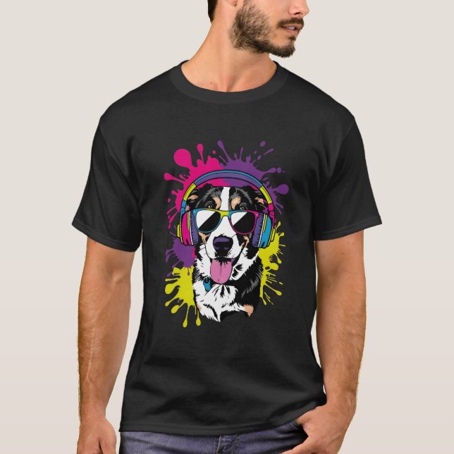 Camiseta Perro Guay con audífonos Diseño de arte pop (Anverso)
