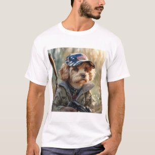 Camiseta Perro Guay MAGA con arma y cachorro de camuflaje