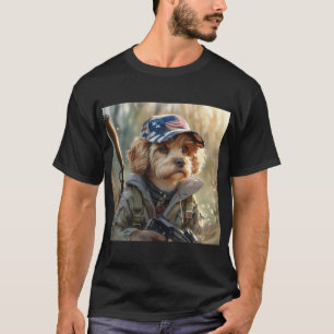 Camiseta Perro Guay MAGA con arma y cachorro de camuflaje